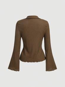Women's Solid Color Textured Fabric Collared Shirt With Unique Bell Sleeves - Brown - View 2