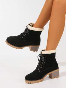 Winterliche, dickabsätzige, rund-zehenförmige, flach geschnittene Schnürstiefel mit modischem Design für Frauen, mit dicker Isolierung innen, einfarbige schlichte Damenwinterstiefel, Fellstiefel - Schwarz - Übersicht 1