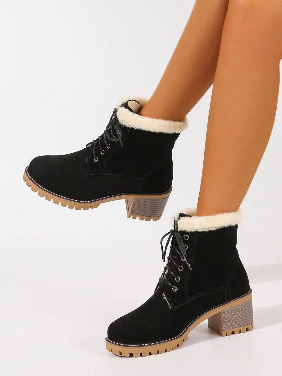 Winterliche, dickabsätzige, rund-zehenförmige, flach geschnittene Schnürstiefel mit modischem Design für Frauen, mit dicker Isolierung innen, einfarbige schlichte Damenwinterstiefel, Fellstiefel - Schwarz - Übersicht 1