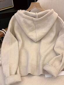 女士宽松短款纯色针织开衫，秋冬季 - 杏色 - 查看 5