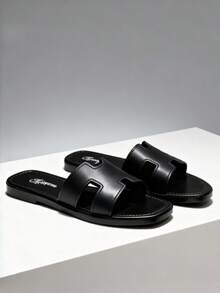 Sandalias planas de unicolor con punta abierta para mujer, sandalias de verano para mujer, nuevas sandalias de playa, elegantes sandalias planas versátiles de mujer, sandalias negras, sandalias - Negro - Ver 8