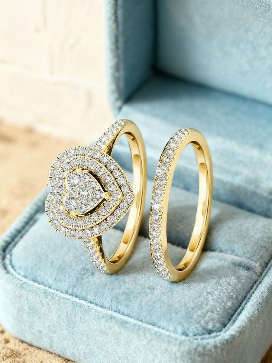Bộ 2 nhẫn hình trái tim bằng bạc 925 đính đá Cubic Zirconia lấp lánh - Phụ kiện đa năng dành cho nữ, phù hợp cho đi làm hàng ngày và dự tiệc, món quà thanh lịch chất lượng cao.
