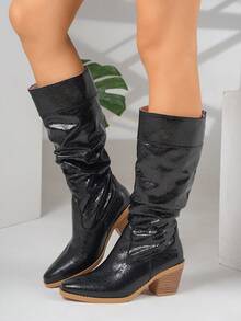 Bottes mi-mollet à talon épais avec enfiler pour femmes grande taille, couleur unie - Noir - Voir 2