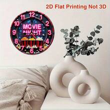 1pc 9. 8-Inch Silent Non-Luminous Wall Clock - Movie Night Theme With Neon Text & Popcorn Design, Artificial Wood Quartz Battery Operated (AA Not Included) For Living Room, Bedroom, Home Theater Decor, Bedroom Timepiece, Small Wall Clock For Living Room, 2D Flat - Wooden Wall Clock - View 6