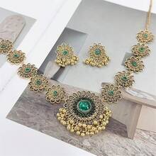Bollywood Jewelry Sets Women Wedding Party Jewelry Flower Tassel Beaded Dangle Earring Oxidized Choker Necklace Gold-Tone Plated Zirconia Jhumkas Chandelier Earrings Boho Jewelry - 綠色 - 查看 6