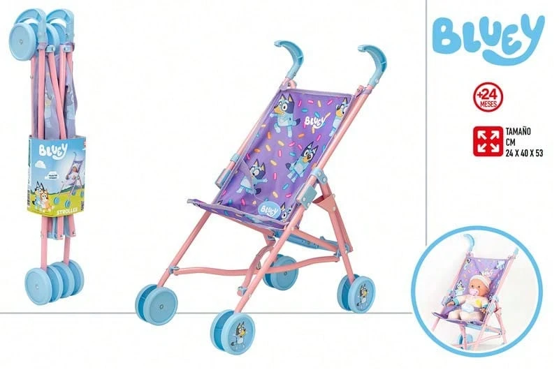 ColorBaby Bluey عربة دمية قابلة للطي بطول 53 سم من ، عربة ألعاب للأولاد والبنات، عربة على شكل مظلة مع حزام قابل للتعديل، مرخصة رسميًا من ، باللون البنفسجي - بلوي كاريتو بيبي - مشاهدة 1