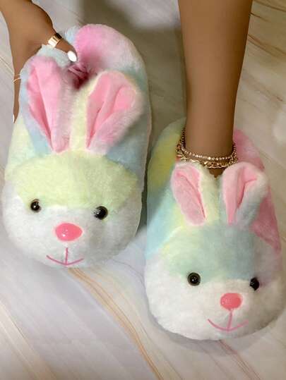 秋冬春节新款卡通棉拖鞋，万圣节、圣诞节礼物，女士可爱毛绒保暖舒适轻便防滑厚底居家聚会情侣款全包覆柔软染色粉色兔毛跟室内保暖棉鞋