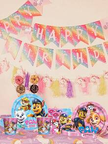 Juego de vajilla desechable con temática de Paw Patrol, en temas azul y rosa, incluye platos de papel, vasos de papel, servilletas, adecuado para fiestas de cumpleaños o San Valentín, hecho de materiales absorbentes de alta calidad, excelente para manualidades, meriendas, reuniones de cumpleaños, fiestas, mesas de postres, campamentos, picnics y talla grande - Multicolor - Ver 3