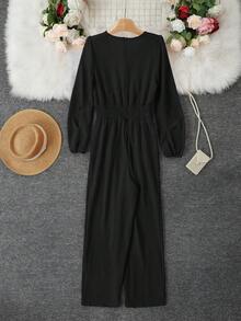 Women's Shirred Jumpsuit With Pockets - Black - View 4