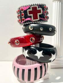 1 chiếc vòng tay nhựa cổ điển, màu đen và hồng, thiết kế nhiều họa tiết ngôi sao và chấm bi, thích hợp để kết hợp hàng ngày, mua sắm, làm quà tặng cho bạn bè, trang sức thời trang - Nhiều màu B - Xem 1