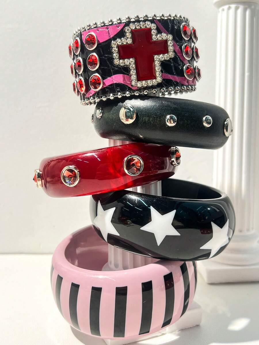 1 chiếc vòng tay nhựa cổ điển, màu đen và hồng, thiết kế nhiều họa tiết ngôi sao và chấm bi, thích hợp để kết hợp hàng ngày, mua sắm, làm quà tặng cho bạn bè, trang sức thời trang - Nhiều màu B - Xem 1