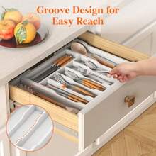 TFKI Silverware Drawer Organizer Expandable Utensil Tray For Kitchen Bamboo Flatware And Cutlery Holder Wood Adjustable Storage For Spoons Forks Knives Large White - White - View 5