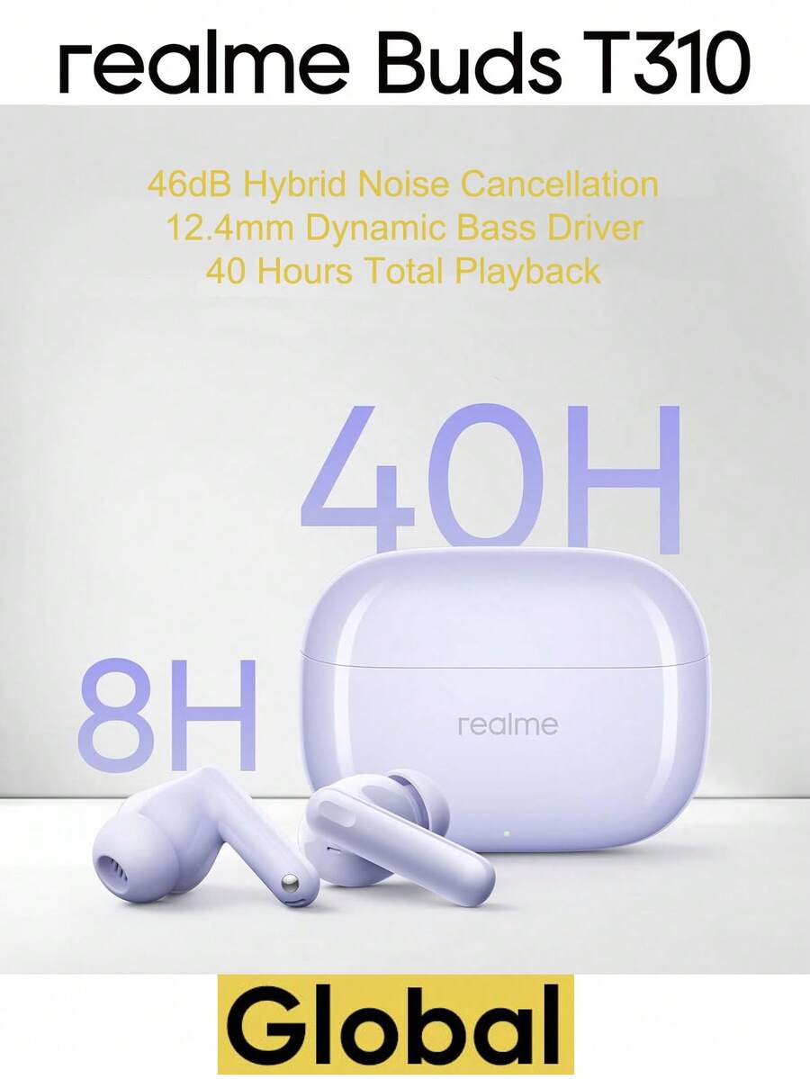 Realme Fones de Ouvido Sem Fio Buds T310, 96 Horas de Reprodução, Cancelamento de Ruído Ativo de 46dB, Áudio Espacial 360°, Controle Tátil, Resistente a Suor e Latência Ultra Baixa de 45ms para Esportes e Games, com Suporte para Atualização OTA - Roxo - Visão 1