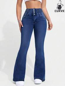 Plus Size Women's Single-Breasted Slim Fit Stretch Denim Flare Pants - Dark Wash - View 2