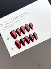 10片手工制作可佩戴美甲贴片，短款杏仁形按压式假指甲，轻奢简约风格，深红色玻璃珠偏光猫眼短指甲，优雅高端的美甲贴片，适合女士和女孩日常佩戴，含美甲套装 - 彩色 - 查看 2