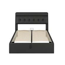 Elegant Upholstered Bed, 140 X 200 Cm, Hydraulic Bed, Concealed Headboard Storage, Slatted Base, PU, With Slatted Base And Headboard, Without Mattress, Black - Black - View 8