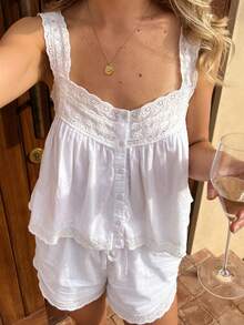 Women Y2K Eyelet Lace Tank Top Floral Lace Eyelet Sleeveless Crop Top Summer Boho Hollow Out Peplum Camisole Vest Going Out Babydoll Tops Streetwear - 白色 - 查看 3