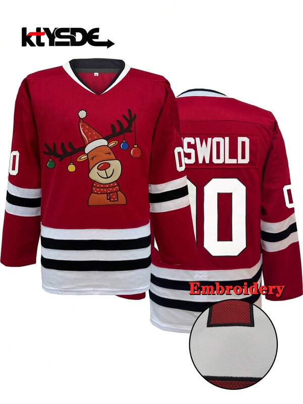 KTYSDE Men's Red Christmas Ice Hockey Jersey, Embroidered Patchwork Design Hockey Sweatshirt, Loose V-Neck Long Sleeve Pullover Sportswear, Suitable For Autumn/Winter, Daily Wear, Christmas Limited Edition