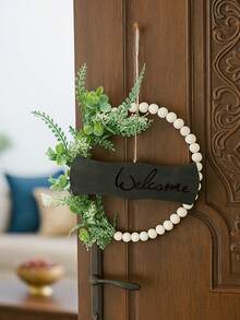 1pc Wooden Bead Wreath, Artificial Green Plant Flower Entrance Hanging Decor, Boho Style Wall Art, Suitable For Entryway, Living Room, Home Decor, Party And Daily Use - Multicolor - View 12