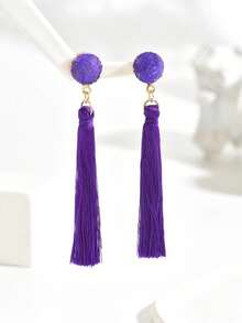 1对不对称时尚仿石紫色长流苏耳环 - 紫色 - 查看 5