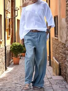 Christmas Minimalist White Cold Shoulder Loose Fit Long Sleeve Solid Color Casual T-Shirt Top, Essential Autumn/Winter Piece - White - View 3