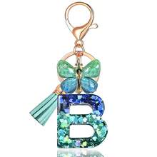 JINGUAZI Initial Letter Keychains For Women Tassel Butterfly Pink Purple Cute Car Keychain For Wallet Backpack Bag Charm{Inchcolor_nameinch:InchB-BlueGreeninch} - B-biruHijau - View 1