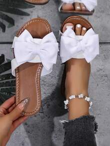 Pantuflas planas cómodas con lazo y calado para mujer, muy vendidas para el verano - Blanco - Ver 1