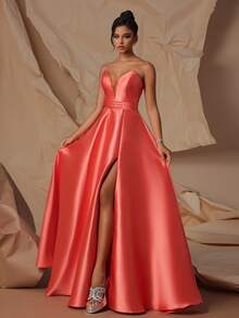 VIPGIRL - Charming Strapless Coral Satin Evening Gown, Mesh Details, High Slit Design - Elegant Formal Ball Gown, Suitable For Special Occasions - Orange - View 3