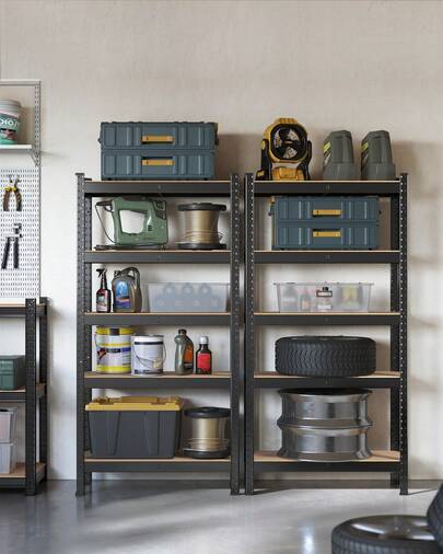 SONGMICS Lot de 2, Étagère de Rangement à 5 Niveaux, 30 x 75 x 150 cm, Capacité 650 kg, Planches Réglables, Style Industriel, pour Cuisine, Salon, Noir