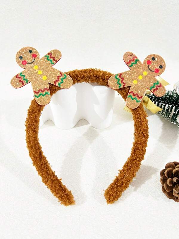 1pc Women's Christmas Striped Gingerbread Man Brown Fuzzy Headband, Hair Hoop Hairband For Women Hair Accessories