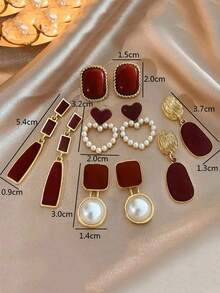 5件套复古方形和心形滴油珍珠耳环，优雅几何耳环，时尚高端耳环套装，情人节、妈妈、母亲节礼物 - 紅色 - 查看 6
