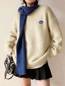 Loose Oversized Embroidered Sweater For Women, Thick Pullover For Winter - Apricot - View 3