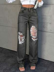wide leg jeans mujer Vaqueros cortos de poliéster para mujer, estilo casual, de pierna recta, lavados y con roturas, ligeramente elásticos. - Gris - Ver 4
