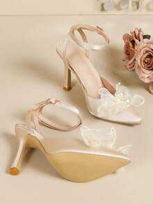 Women's New Pearl Bow Pointed Toe High Heel Elegant Pumps,Party Outfits - Champagne - View 6