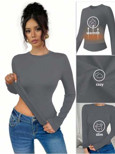 1 قطعة قميص داخلي حراري بياقة طاقم وأكمام طويلة للنساء بتصميم كاجوال ضيق مناسب للخريف/الشتاء، متعدد الاستخدامات للرياضة واليوغا والتنسيق مع الملابس الأخرى