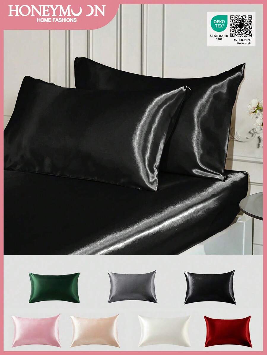 2pcs Premium Silky Satin Pillowcase, Soft & Breathable, Anti-Wrinkle, Gentle On Hair & Skin, Improves Sleep Quality, Without Pillow Insert, Black, Oeko-Tex Certified - Black - View 1