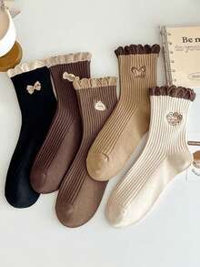 5 Pairs Butterfly Lace Trim Mid-Calf Socks For Women, Fashionable & Versatile - Multicolor - View 1