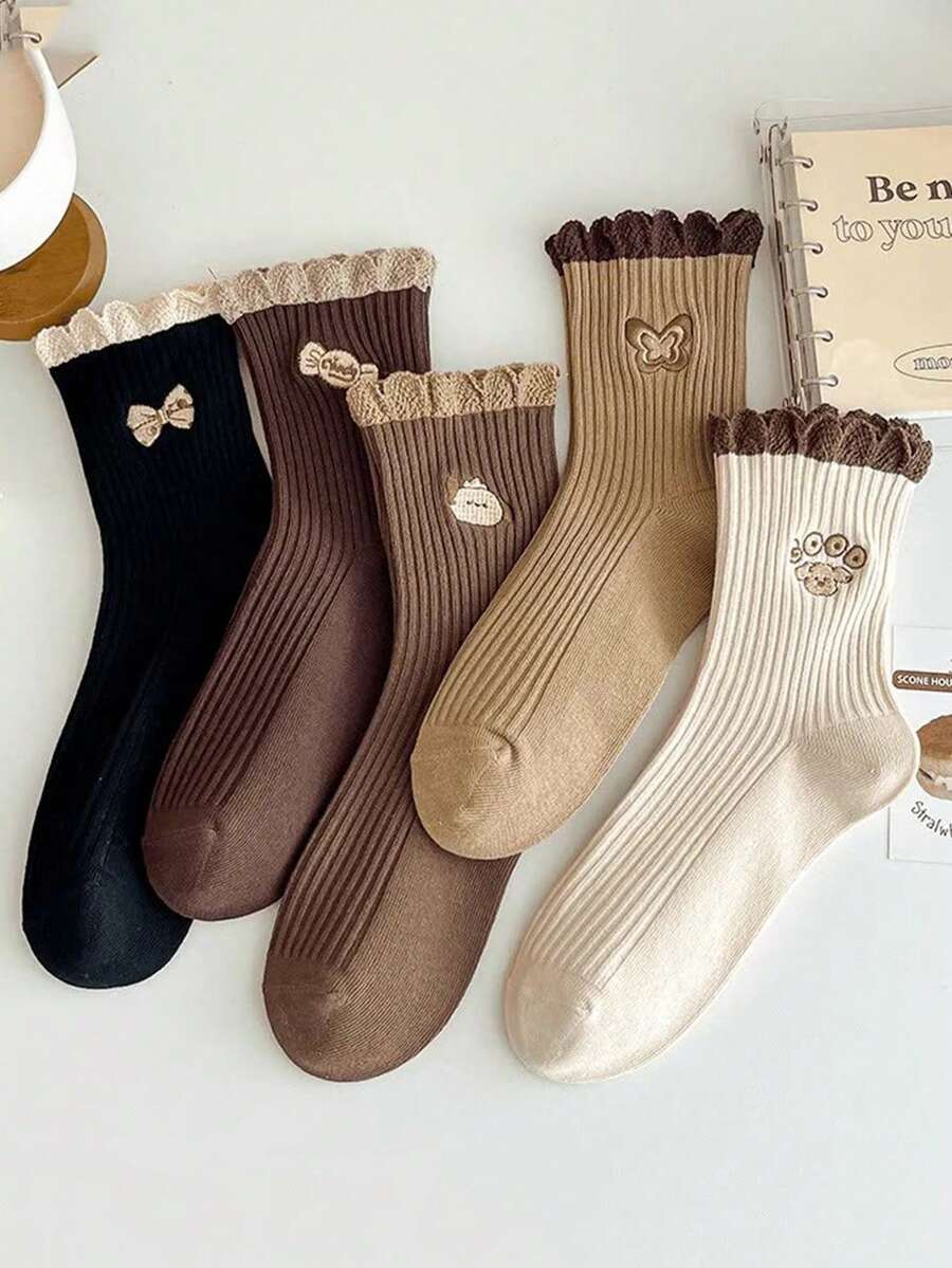 5 Pairs Butterfly Lace Trim Mid-Calf Socks For Women, Fashionable & Versatile - Multicolor - View 1