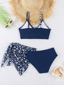 少女三件套雏菊拼接比基尼泳衣套装 - 彩色 - 查看 2