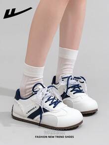 1 Pair WARRIOR Women's Thick Sole Lace-Up Soft Bottom Casual Shoes, Low-Top Outdoor Flat Shoes, Round Toe Low Heel Non-Slip Solid Color Elegant Soft Bottom Hiking Shoes, Suitable For Students, Graduation Photos, Flat Shoes, Women Leather Skate Sneakers - Beige/Gray/Dark Blue - View 7