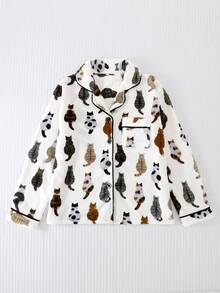 2 piezas Conjunto de pijama de franela para mujer, parte superior con cierre de botones de solapa de manga larga, pantalón largo, ropa de casa gruesa y cálida para otoño/invierno, estampado de gatitos en todo el diseño, ropa cómoda