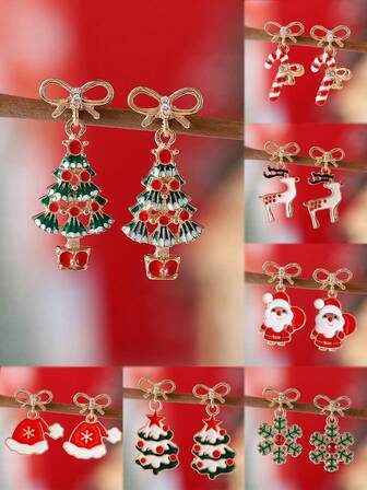 女士圣诞耳环一对，复古圣诞可爱圣诞老人、圣诞树、驯鹿、雪人、圣诞帽、圣诞袜、拐杖糖、蝴蝶结合金水滴极简耳环，圣诞派对礼物