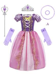 Conjunto de 8 piezas con vestido de manga corta estilo princesa con estampado floral morado y accesorios para niñas, disfraz de lujo para Navidad, Halloween, fiestas - Morado - Ver 13