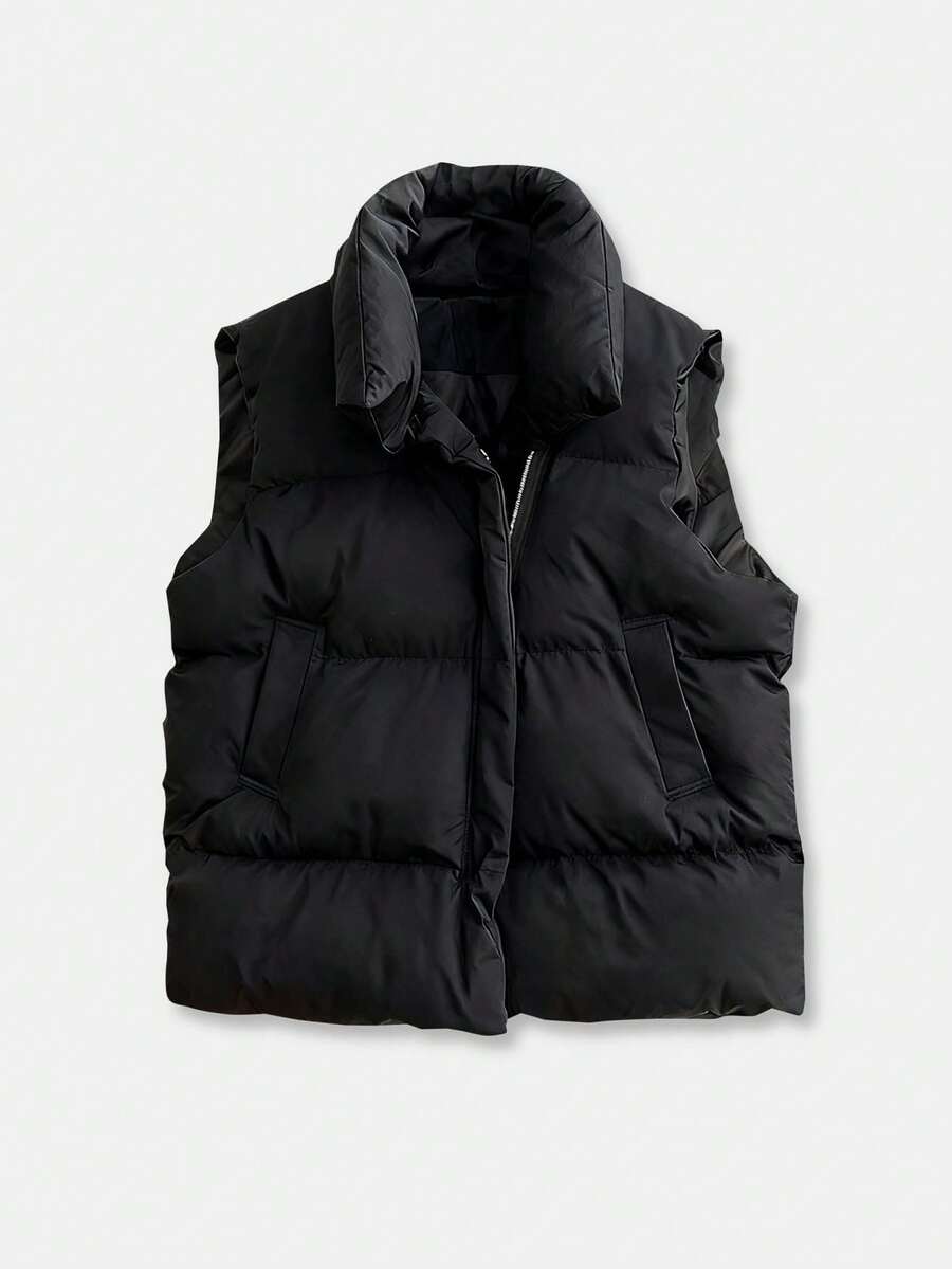 Women's Regular Length Down Vest, Slim Fit & Warm, Zip Front, With Practical Pockets - Casual Layering Piece - Black - View 1