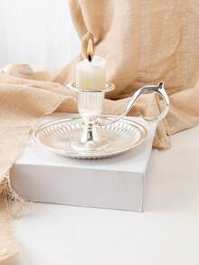 Vintage Neo-Classical Antique Bronze Candlestick | Curved Handle * Radiant Tray Designed To "Catch Wax Drips", Aged Bronze Texture With Patina, Radiant Lines On The Body Like Solidified Sunlight, Elegant Curved Handle - Multicolor - View 9