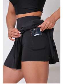 WOLFOX Women's Gym Shorts Skirt In Supplex Fabric With Pocket – High Waist, Compression And Comfort For Training And Running - 黑色 - 查看 1