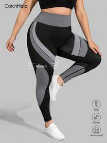 Plus Size High Waist Tummy Control Colorblock Striped Seamless Leggings, Suitable For Running, Yoga, Fitness, Casual Wear In Autumn/Winter