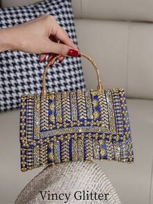 Sac de soirée à embellissement de strass fait à la main, sac à main élégant pour femmes pour soirée, convient pour banquet, bal de promo, mariage - Bleu azur - Voir 1