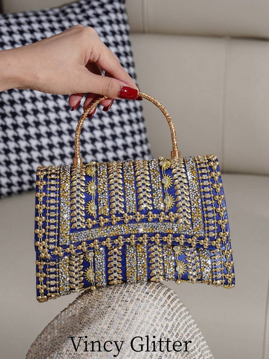 Sac de soirée à embellissement de strass fait à la main, sac à main élégant pour femmes pour soirée, convient pour banquet, bal de promo, mariage - Bleu azur - Voir 1