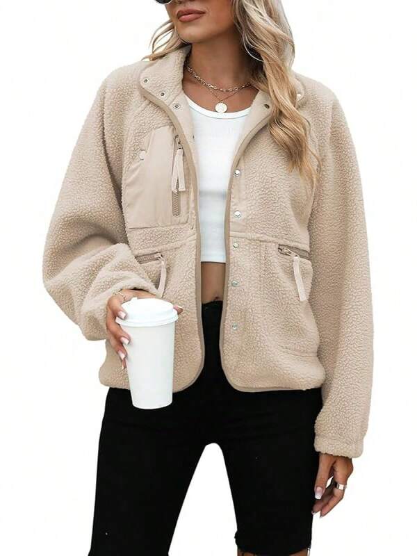 Womens Fuzzy Long Sleeve Short Winter Fleece Coats Button Down Sherpa Outerwear With Pockets, 2025 Style OUGP